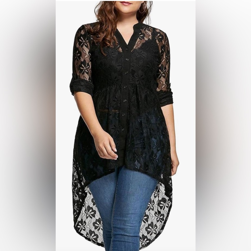 Women’s Plus Size Floral Sheer High Low Tunic Top